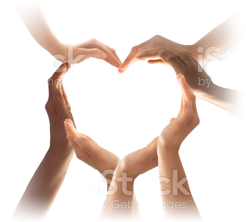 Heart shape made with multiple hands against a white background.