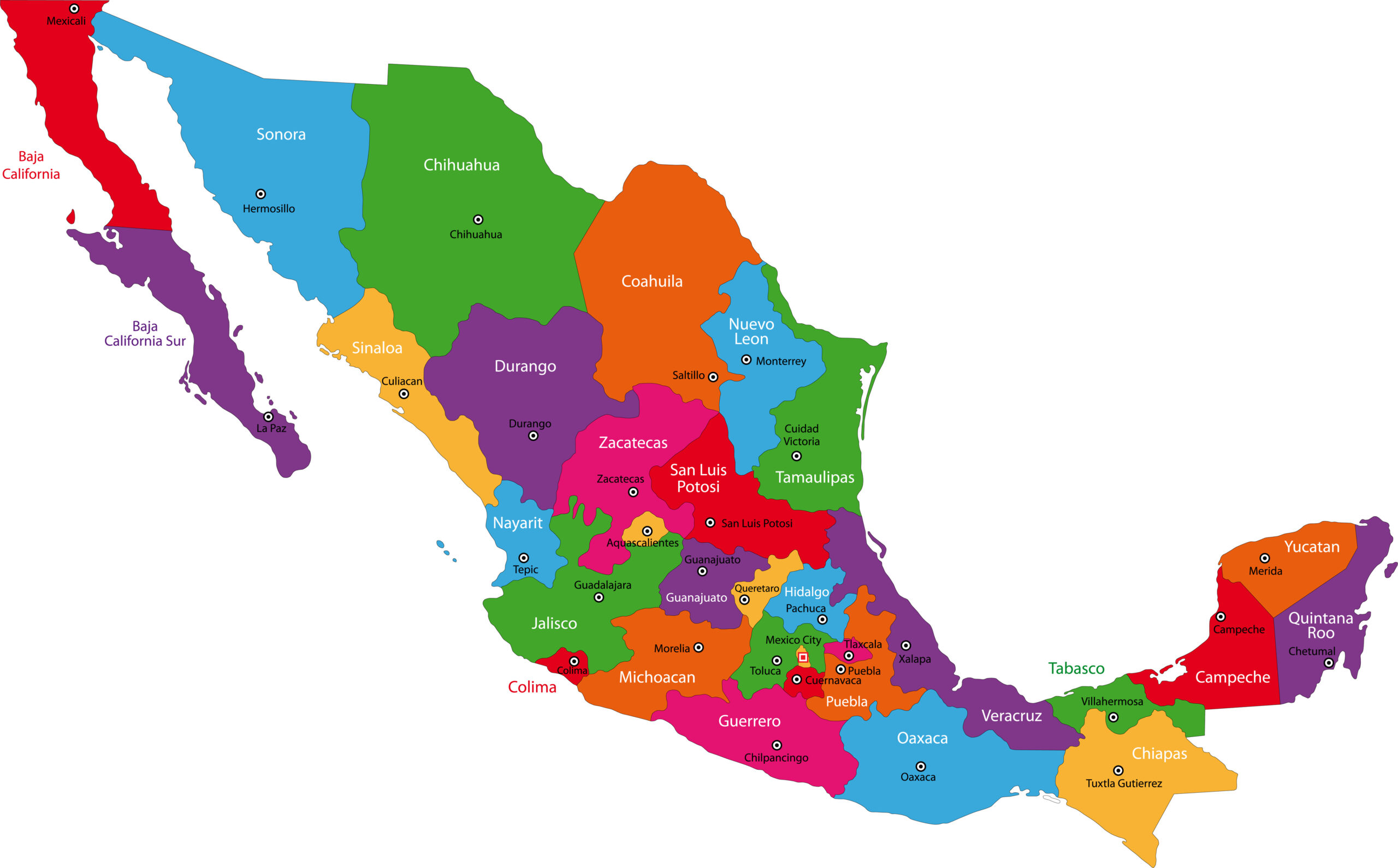 Colorido mapa político de México que muestra los estados y las principales ciudades.