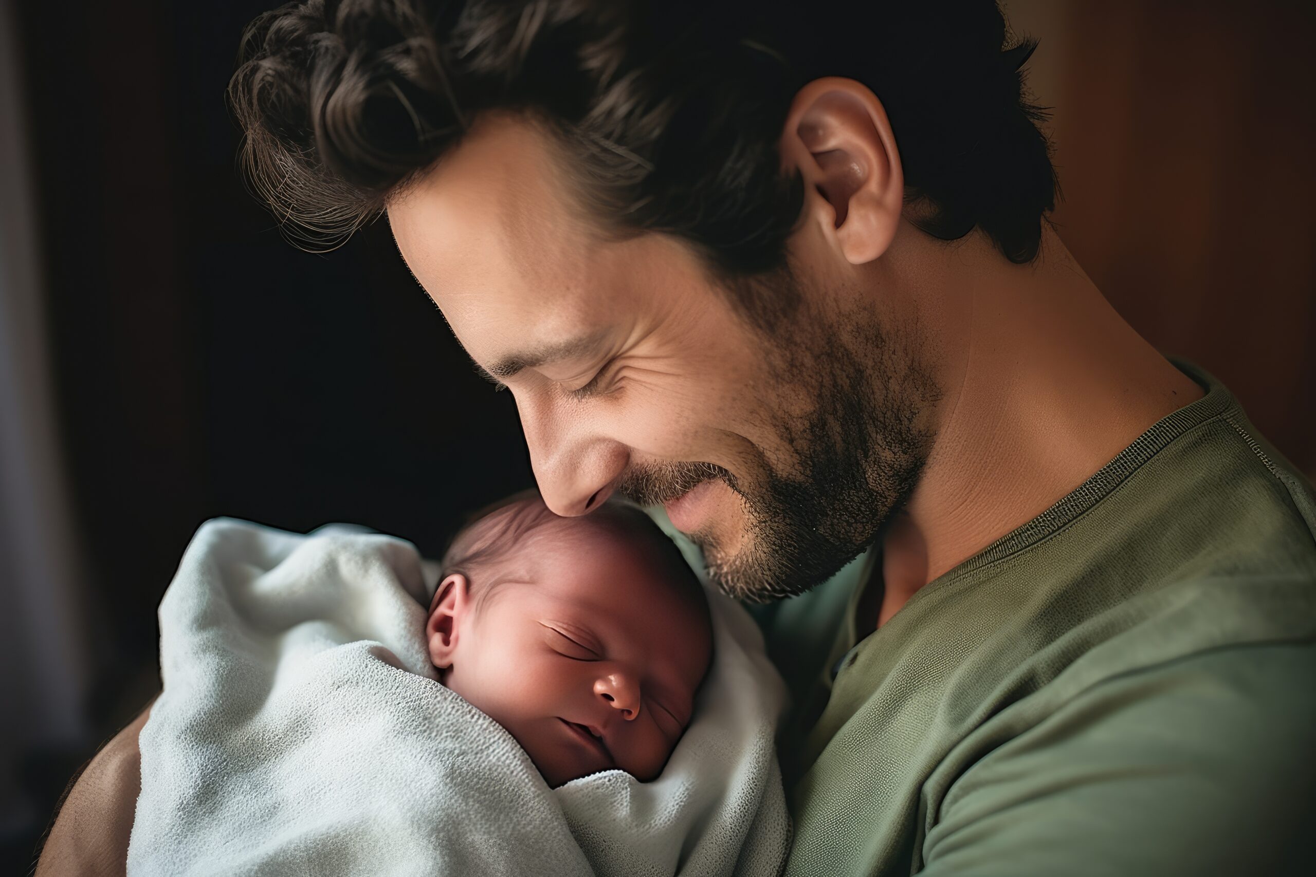 Pai embala seu bebê recém-nascido nos braços