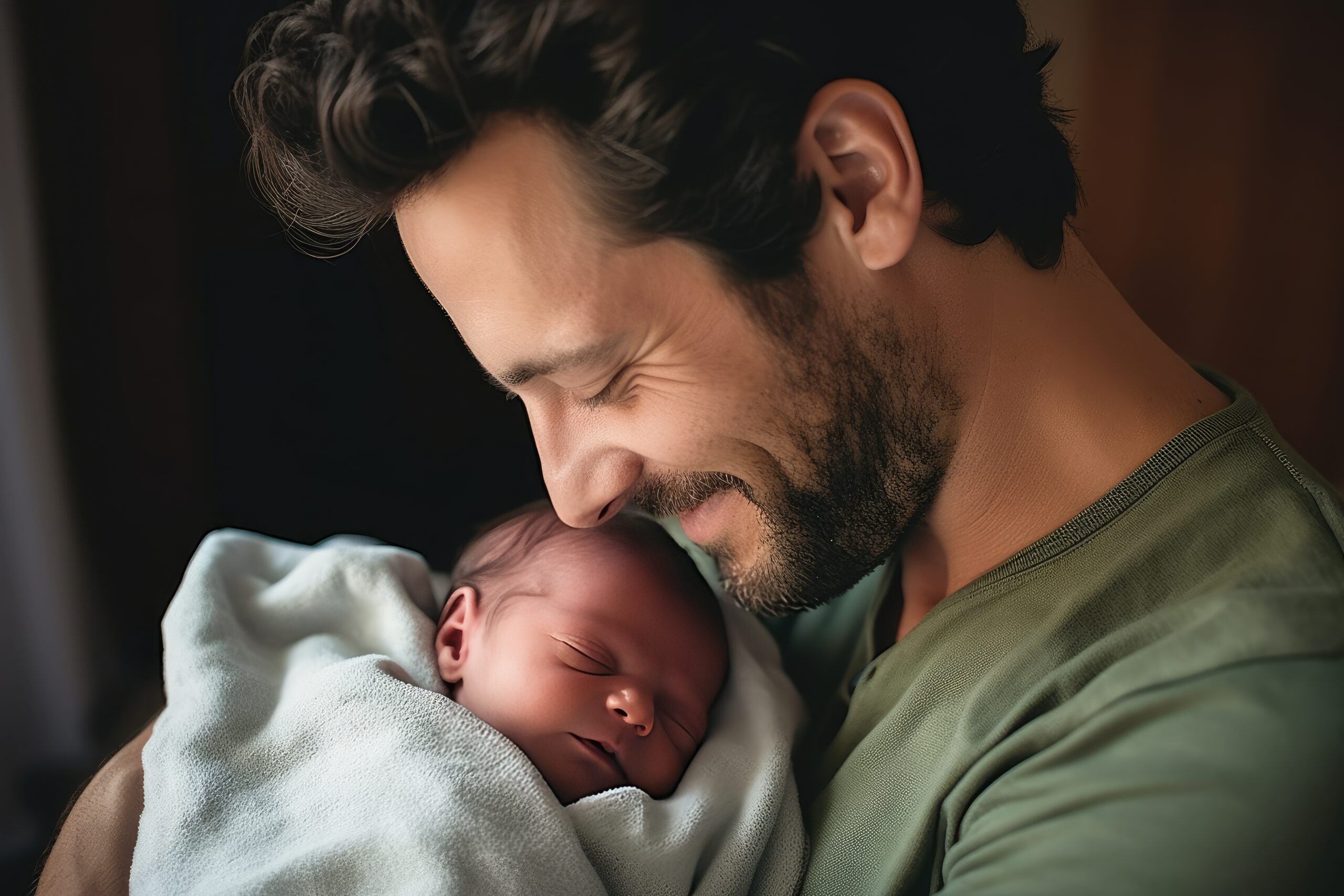 Father cradles his newborn baby in his arms