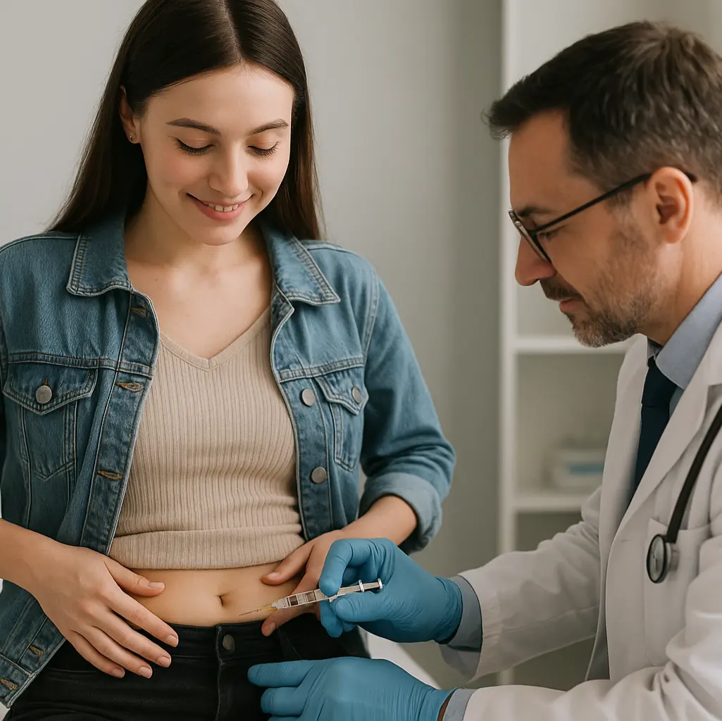 Un médico le administra una inyección de hormonas a la madre.