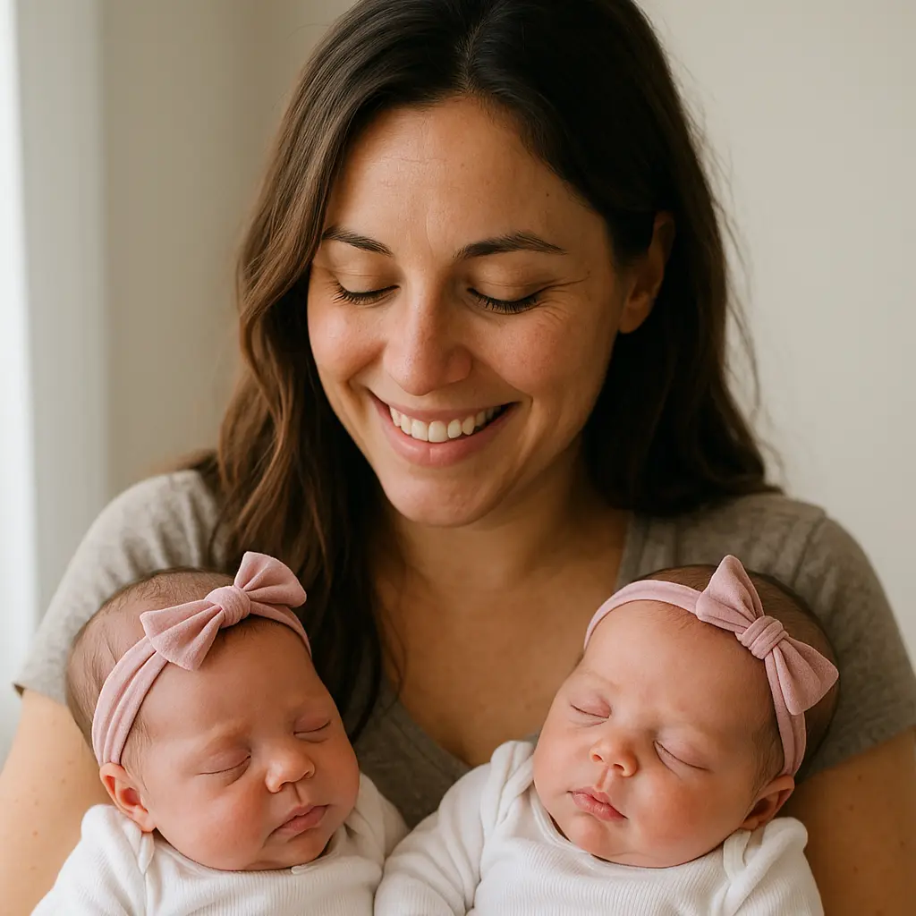 Joyful Mother holding her baby twins